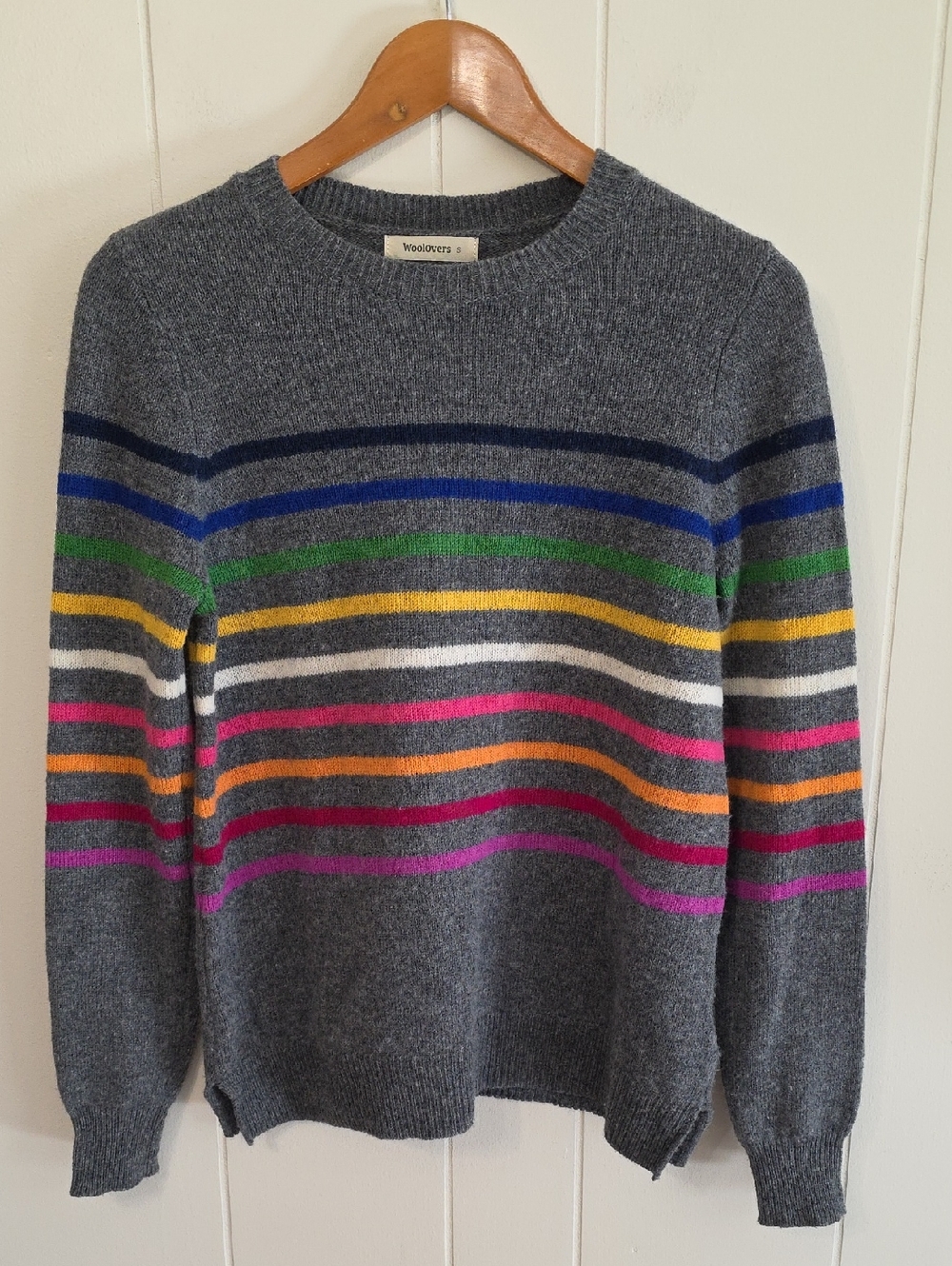 WoolOvers Rainbow Stripes Gray 100% Lambswool Sweater Womens S Preppy Oversized